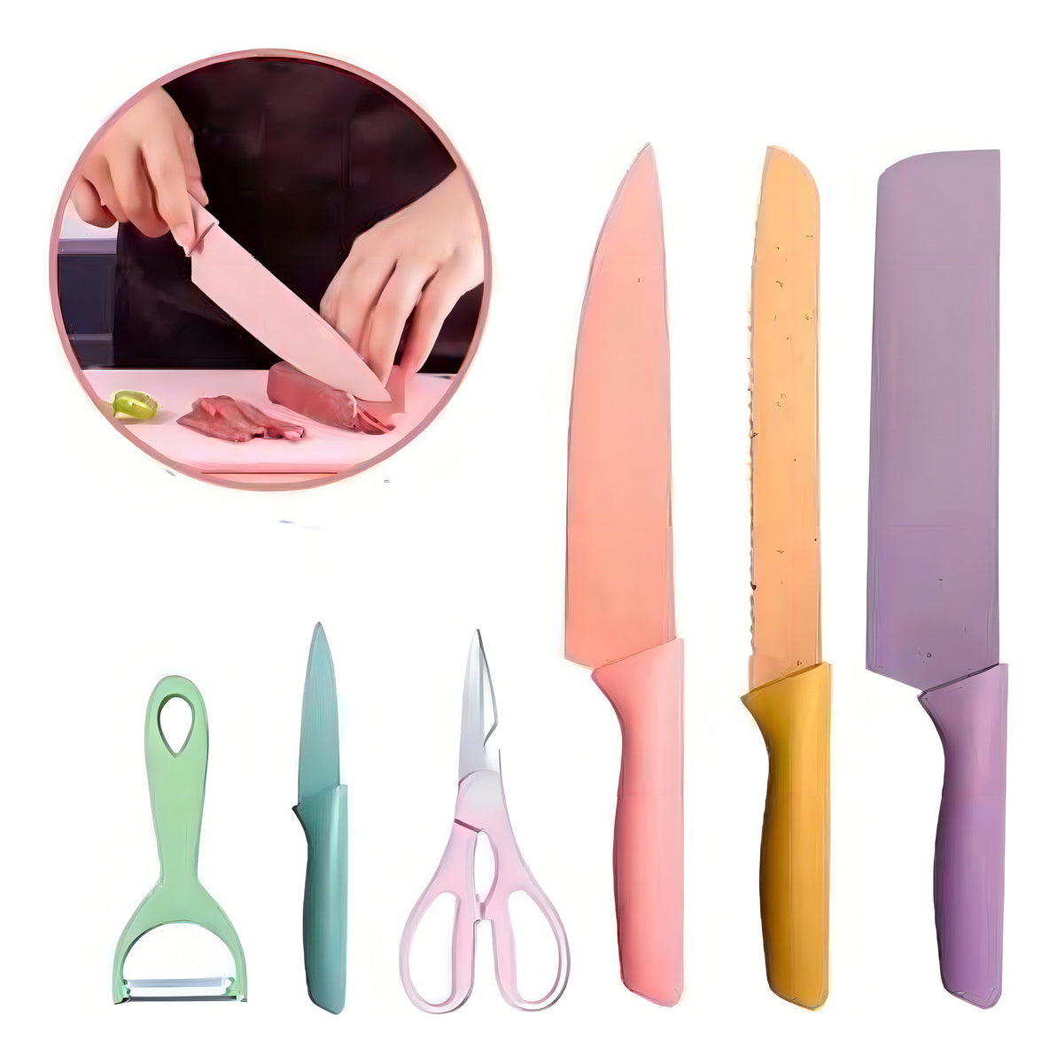 Set De Cuchillos Juego X6 Piezas Colores Pastel Cocina Knife