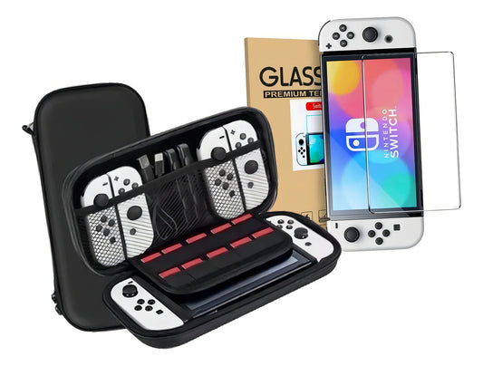 Estuche Protector Duro Y Lamina Mica Nintendo Switch Oled H9 Color Negro Panini