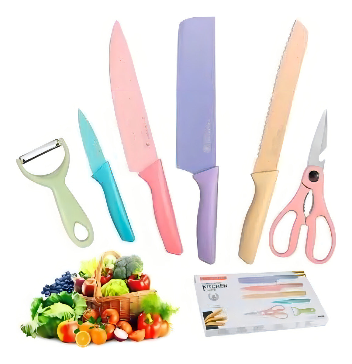 Set De Cuchillos Juego X6 Piezas Colores Pastel Cocina Knife