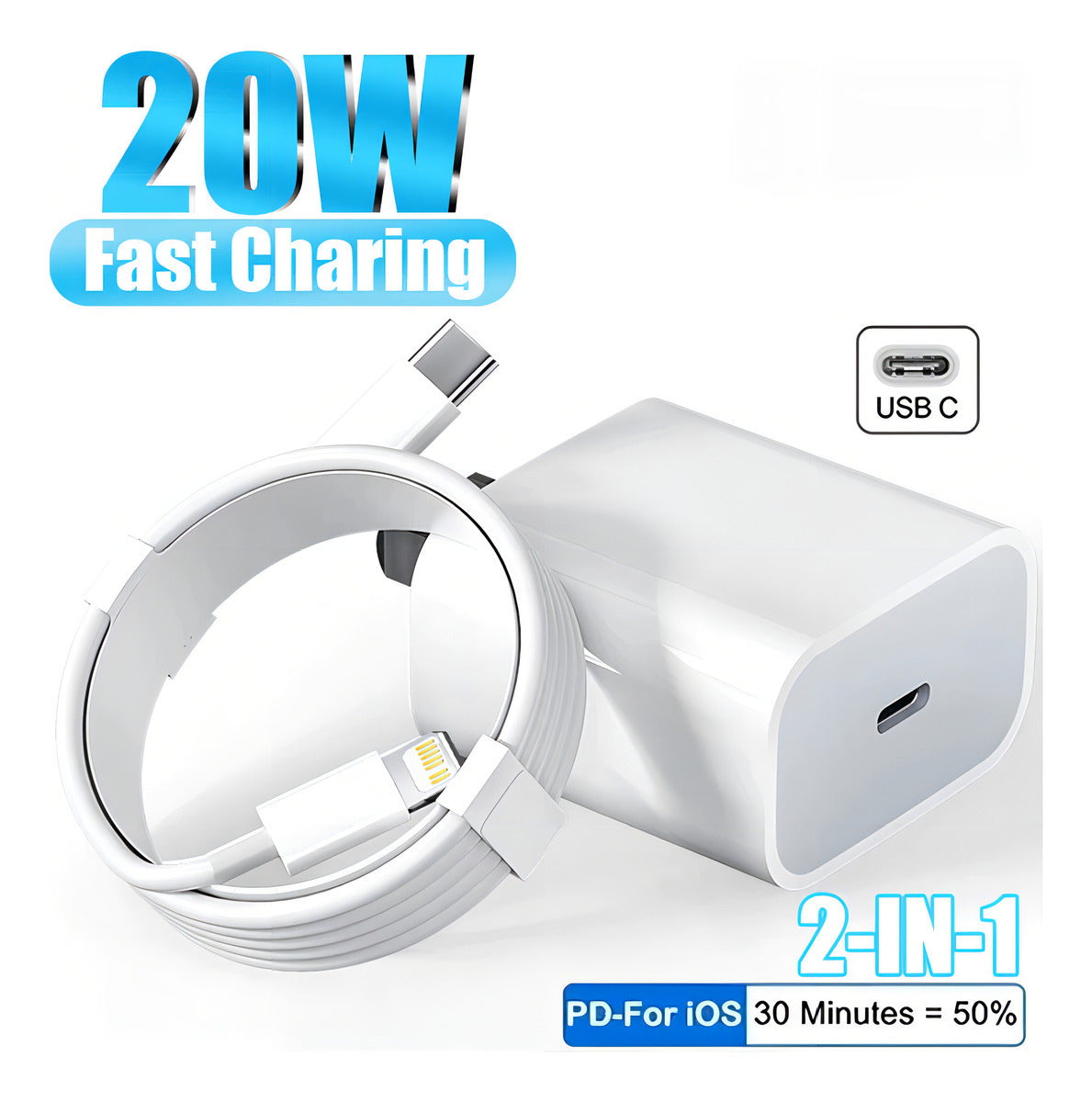 Cargador Carga Rápida 20w Para iPhone Tipo C A Lightning Blanco