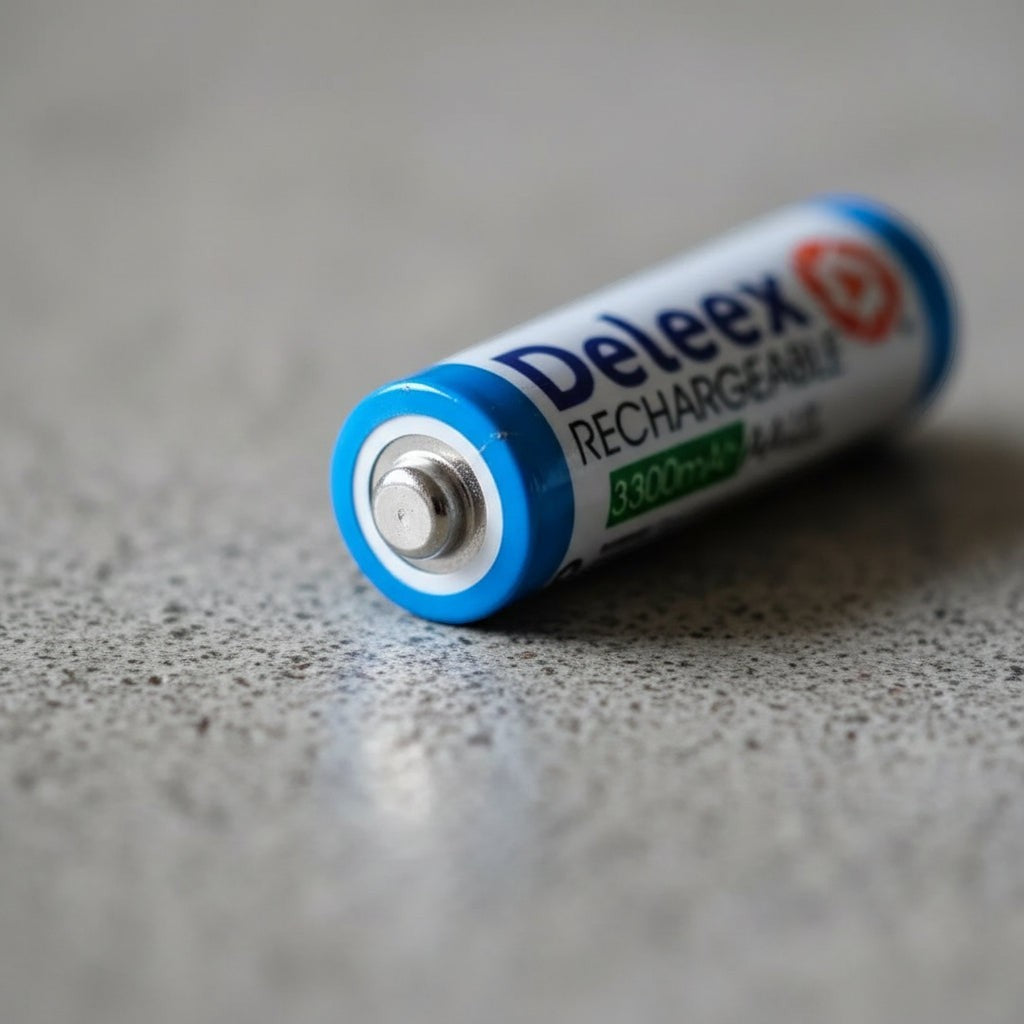 Pila recargable Deleex de 1.2V con diseño azul y blanco sobre superficie texturizada, marca ElectroSport 21 Spa
