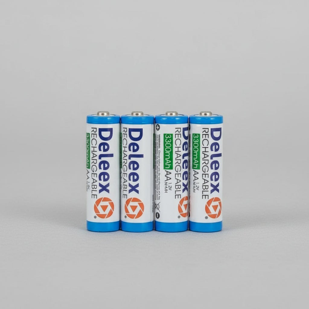 Cuatro pilas recargables Deleex AA de 1.2V y 1600mAh en color azul y blanco de ElectroSport 21 Spa
